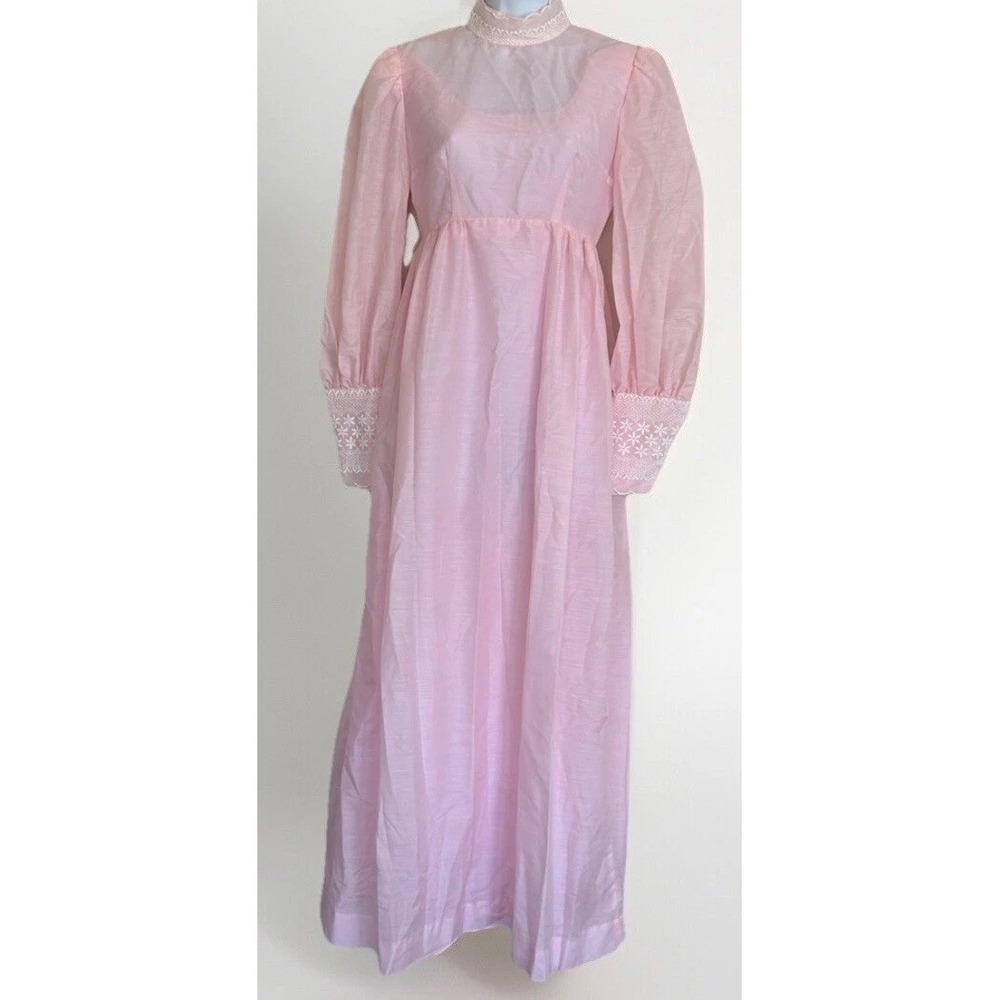 Vintage 70s Handmade Maxi Dress Baby Pink Lace Cottagecore‎ Puff S M High Neck